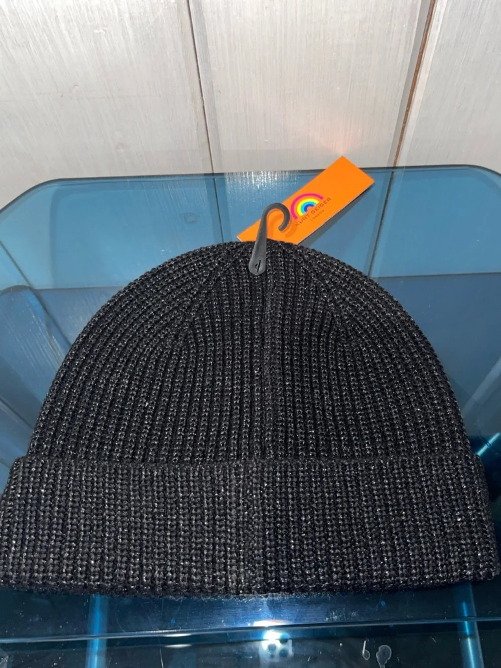 Kurt Geiger London Shimmer Black Sparkle Knit Beanie Winter Hat Eagle NWT - Picture 5 of 8